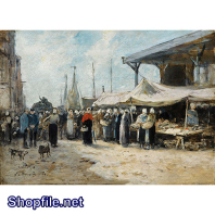 Tranh sơn dầu mọi người chơi hội chợ